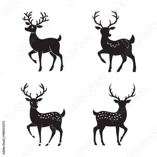 Playful deer silhouette set black color vector illustration