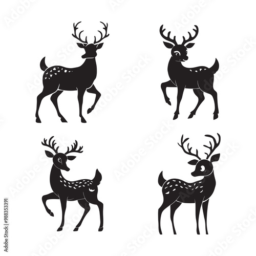 Playful deer silhouette set black color vector illustration