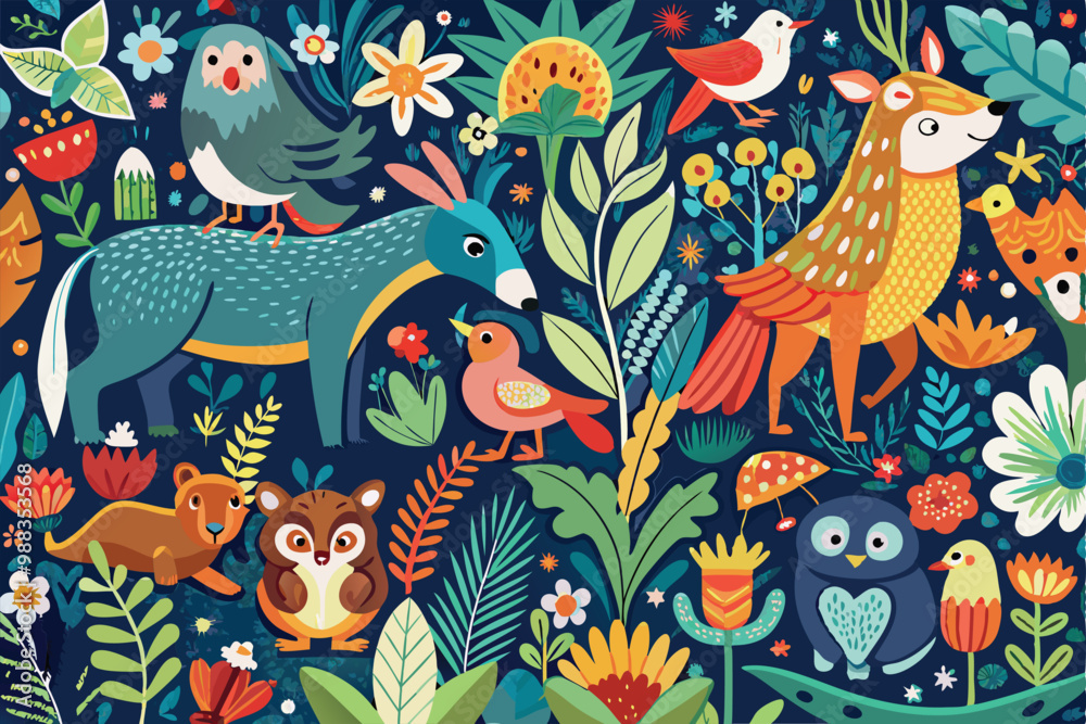 Obraz premium A vibrant doodle print showcases playful mammals and birds surrounded by flowers and plants, perfect for wrapping children's gifts.
