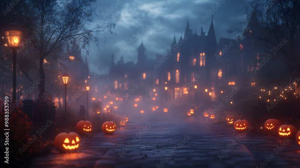 Fototapeta premium Halloween Night in a Town Filled with Fog