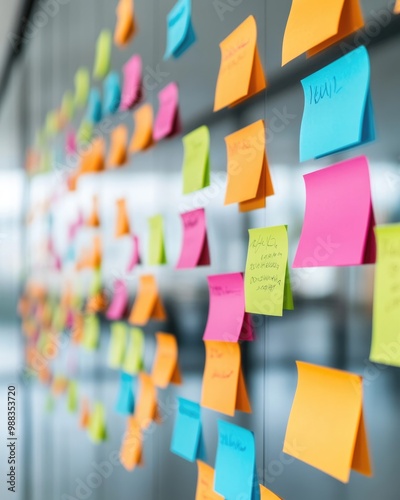 Colorful sticky notes on a glass wall for brainstorming session