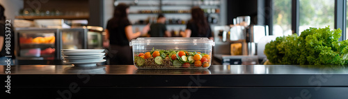 Lunch box with buckwheat and vegetables on the table in a cafe on a dark background with space for text, created with Generative AI technology