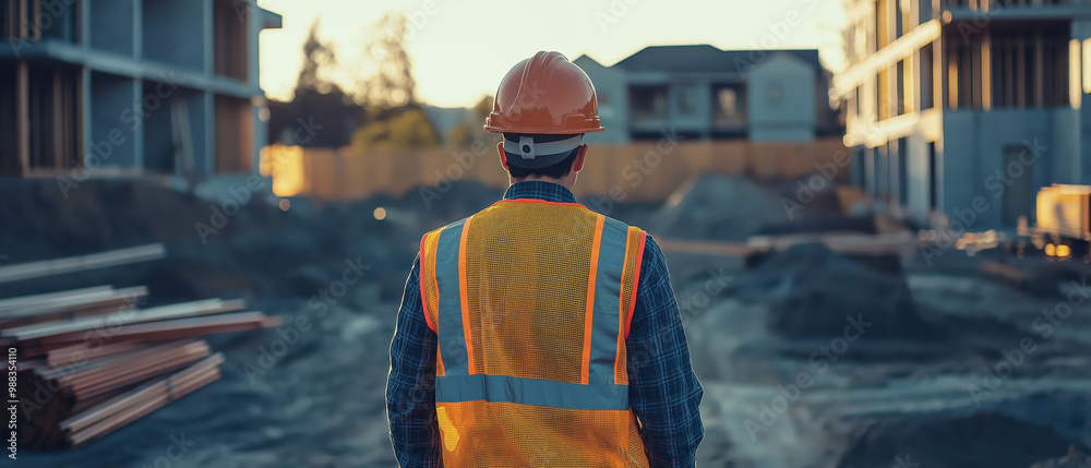A construction worker observes a building site, wearing an orange helmet and safety vest, with structures and materials in view. A construction worker observes a building site, wearing an orange helmet and safety vest, with structures and materials in view.