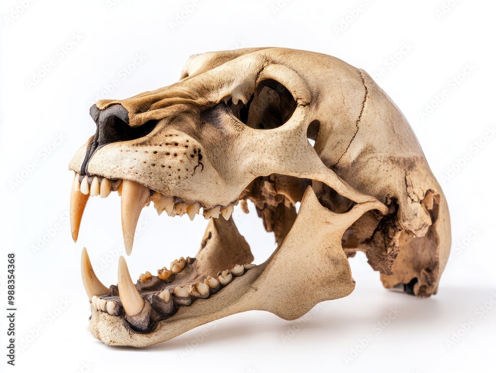 Obraz premium Lion skull isolated on white background, highlighting sharp teeth and bone details.