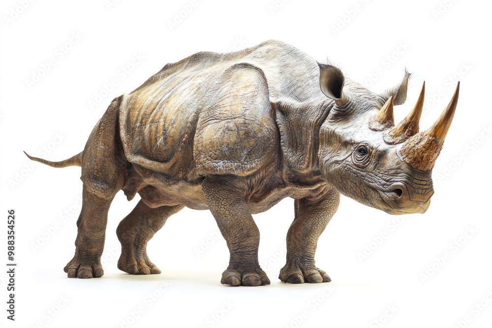 Fototapeta premium A prehistoric rhinoceros-like animal, isolated on white, focus on its thick skin and horns