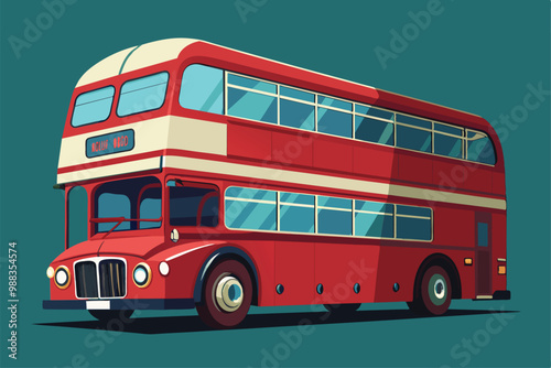 A vibrant red double decker bus is showcased in a minimalist style, emphasizing its unique and customizable features against a solid teal background.