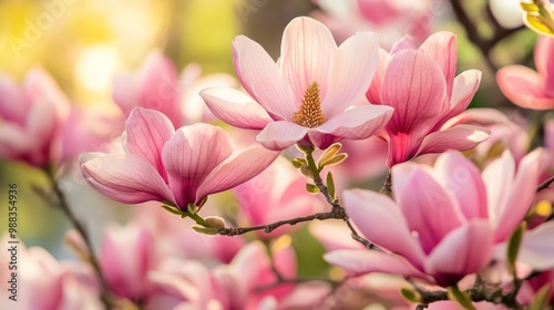 A magnolia tree with large, blooming flowers, isolated from background, focusing on the vibrant petals