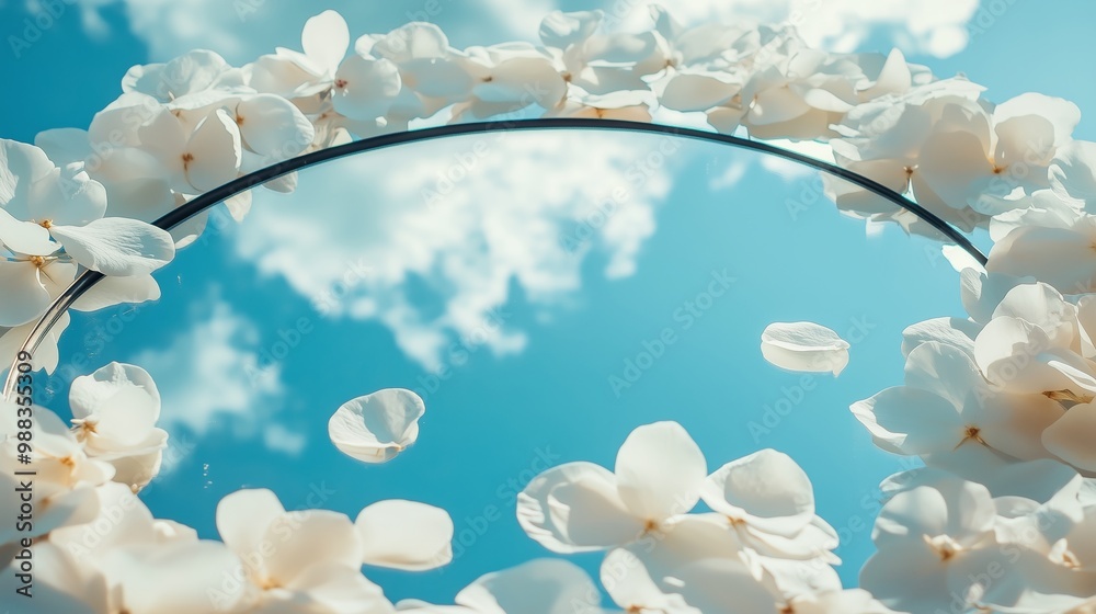 A ring of white petals floats against a bright blue sky with fluffy clouds on a sunny day in springtime A ring of white petals floats against a bright blue sky with fluffy clouds on a sunny day in springtime