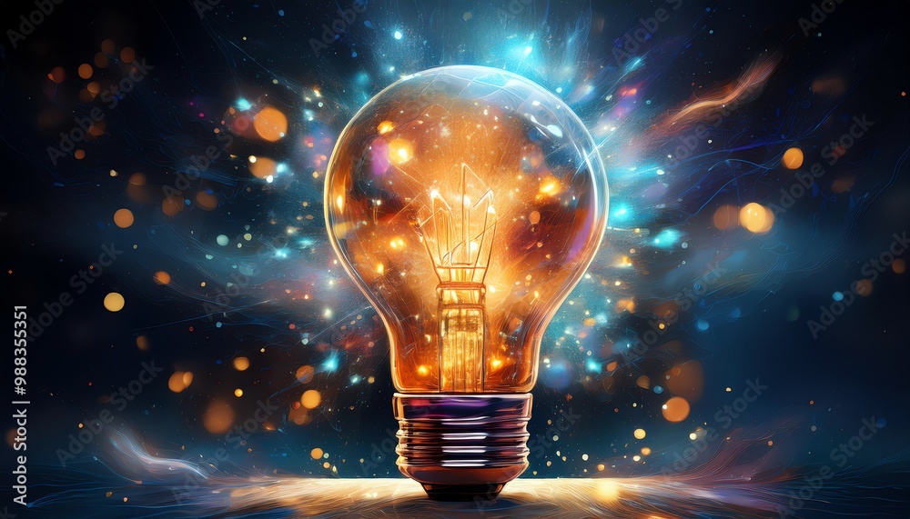 A glowing light bulb radiates energy amidst a cosmic backdrop, symbolizing creativity and inspiration.