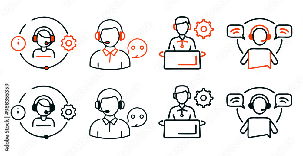 Service desk icon set featuring support agents and communication symbols Service desk icon set featuring support agents and communication symbols