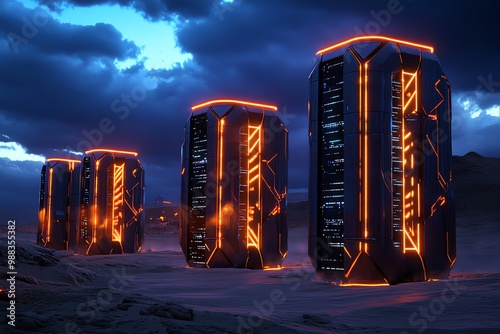 Futuristic desert outpost, with glowing shields and towers designed to withstand the harsh environment photo