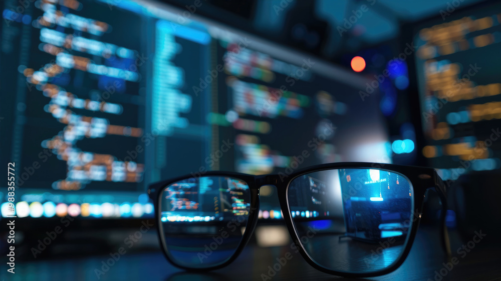 Glasses in Focus with Code on Screens Glasses in Focus with Code on Screens