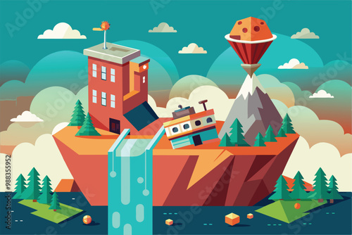 A whimsical island landscape showcases a waterfall flowing from a tilted structure amidst trees, mountains, and a red balloon floating above.