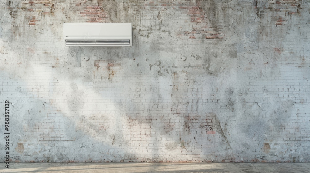 A white air conditioning unit is mounted on a textured concrete wall, highlighting its functionality in a warm indoor environment A white air conditioning unit is mounted on a textured concrete wall, highlighting its functionality in a warm indoor environment