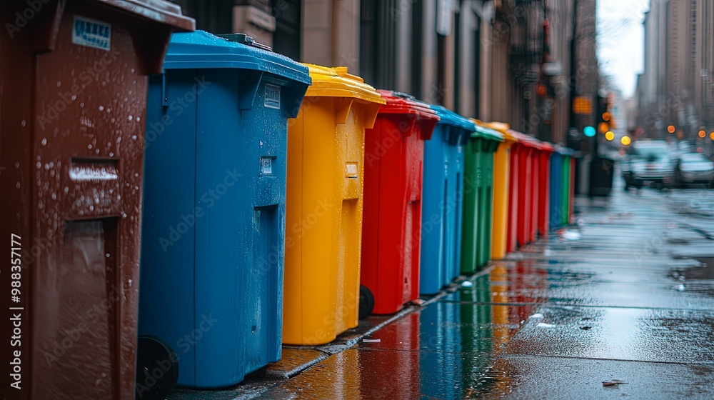 Colorful Recycling Bins Lined Up On A Wet Sidewalk Colorful Recycling Bins Lined Up On A Wet Sidewalk