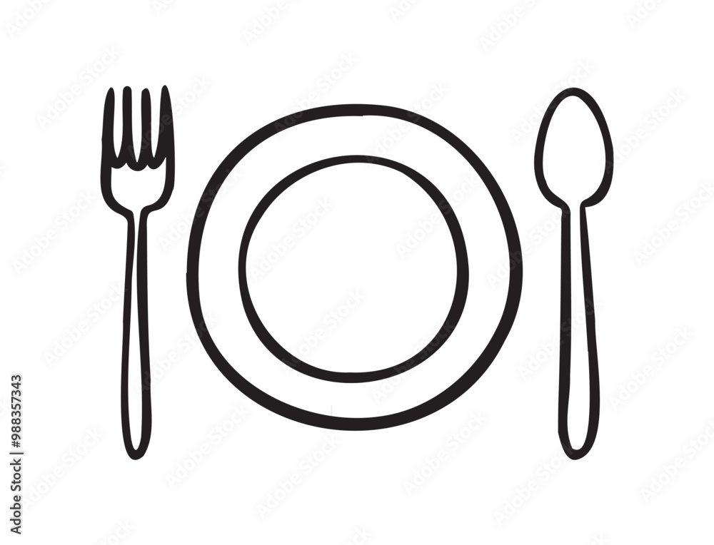 Spoon, Fork, and Plate for Restaurant Menu. Table Setting Doodle hand drawn icons Spoon, Fork, and Plate for Restaurant Menu. Table Setting Doodle hand drawn icons