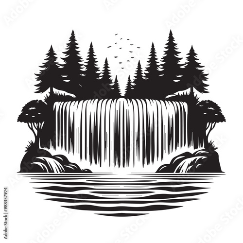 Waterfall vector illustration. silhouette of waterfall. waterfall logo, icon black and white