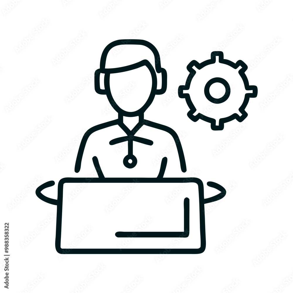 Service desk customer support icon featuring an agent behing a counter with headset Service desk customer support icon featuring an agent behing a counter with headset