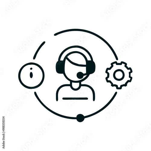 Helpdesk customer service icon featuring a support agent with headset, support and information symbols