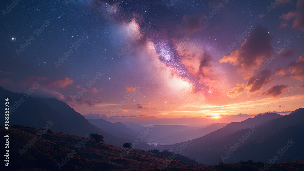 Fototapeta premium a very big pretty colorful galaxy in the sky close to some hills