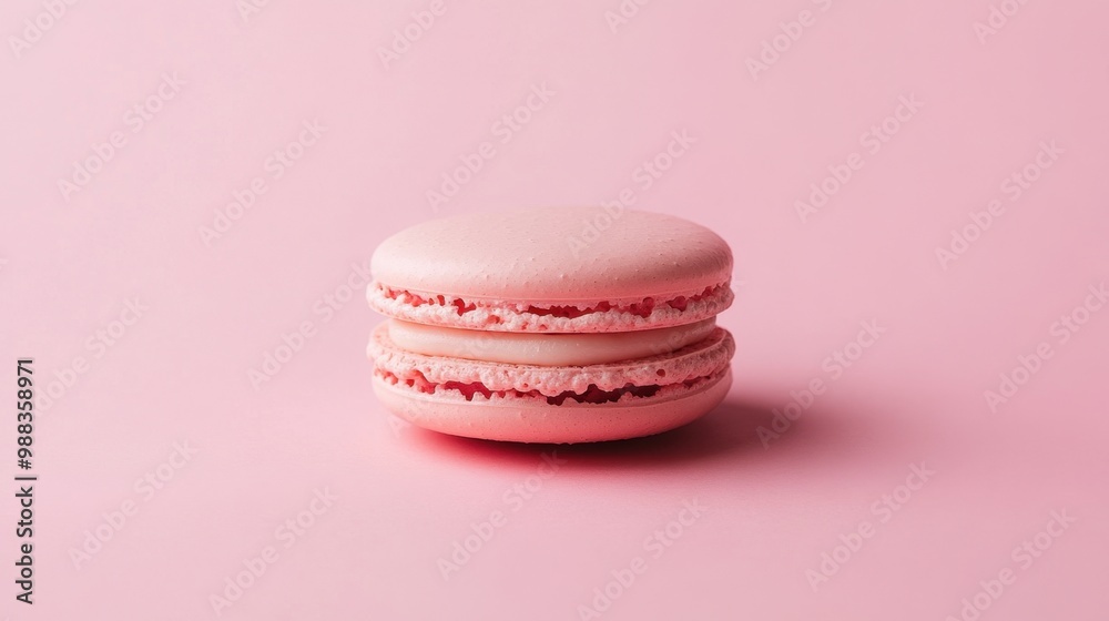 A single pink French macaron sits in the center of a pink background, creating a simple yet elegant display A single pink French macaron sits in the center of a pink background, creating a simple yet elegant display