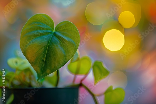 Heart-leaf Philodendron (Philodendron hederaceum)in Flowerpot Closeup, Philodendron Macro House Plant photo