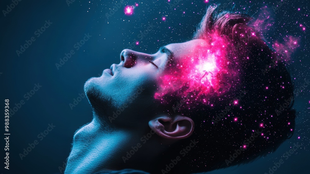 A silhouette of a person meditating, their mind filled with swirling pink galaxies and nebulae, showcasing the limitless potential of the human mind. A silhouette of a person meditating, their mind filled with swirling pink galaxies and nebulae, showcasing the limitless potential of the human mind.