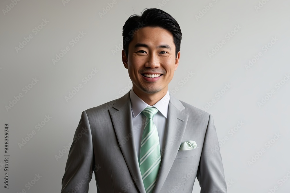 Photogenic Asian Man in Light Gray Suit with Mint Green Striped Tie and Soft White Silk Pocket Smile Photogenic Asian Man in Light Gray Suit with Mint Green Striped Tie and Soft White Silk Pocket Smile