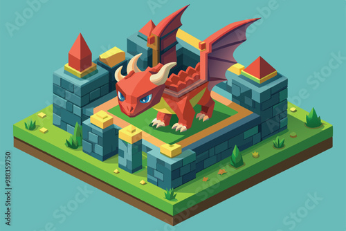 A detailed cartoon dragon stands guard in a colorful isometric castle environment surrounded by stones, spikes, and lush greenery.
