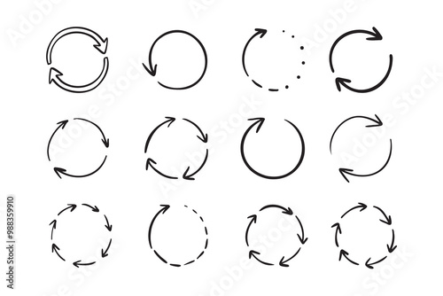 Round circle doodle arrows. Hand drawn arrow icons set. Recycle sketch signs. Repeat line symbols.