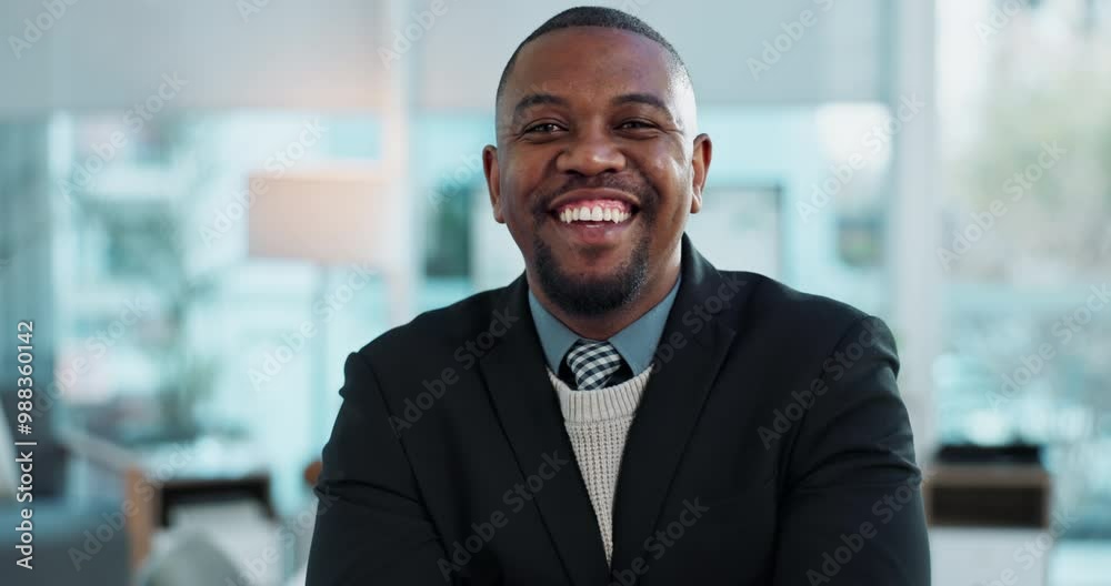 Portrait, arms crossed and happy black man in office for business, experience or job opportunity. Face, confidence or African professional entrepreneur in suit with funny salesman laughing in company Portrait, arms crossed and happy black man in office for business, experience or job opportunity. Face, confidence or African professional entrepreneur in suit with funny salesman laughing in company
