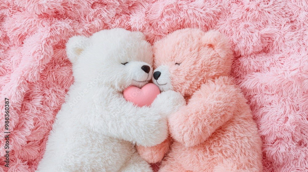 Two teddy bears, one pink and one white, cuddle together, their paws forming a heart shape against a backdrop of soft pink blankets. Two teddy bears, one pink and one white, cuddle together, their paws forming a heart shape against a backdrop of soft pink blankets.