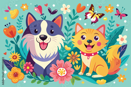A cheerful dog and cat playfully pose among bright flowers and fluttering butterflies in a vibrant garden under a sunny sky.