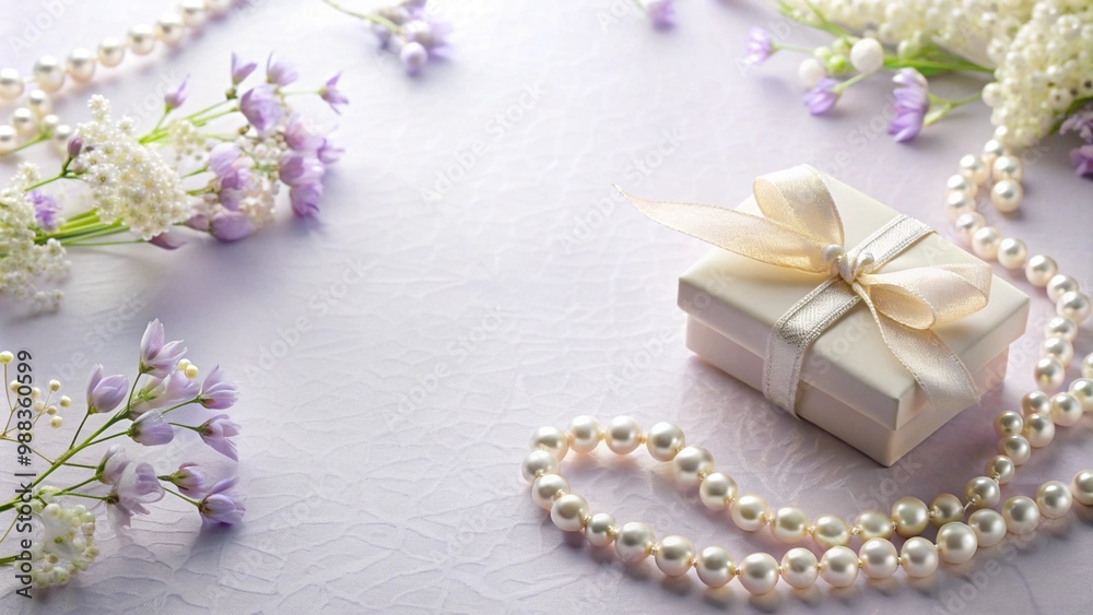 Pearl Necklace, Gift Box and Flowers on a White Background Pearl Necklace, Gift Box and Flowers on a White Background