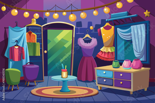 A vibrant dressing room showcases customizable outfits, mirrors, and decorative elements under warm lights, creating a lively and creative atmosphere.