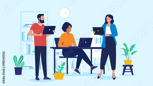 Business people working in office together standing with laptop computers in hand, talking and discussing friendly about business and project. Teamwork concept in flat design vector illustration