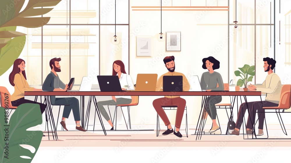 Coworking space. Smart corporate company. Meeting smiling creative people. Freelance coworkers, young businessman team vector illustration Coworking space. Smart corporate company. Meeting smiling creative people. Freelance coworkers, young businessman team vector illustration