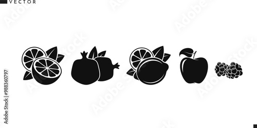 Organic food icon set. Tropical fruit sign. Isolated lemon lime orange pomegranate apple and blackberry on white background