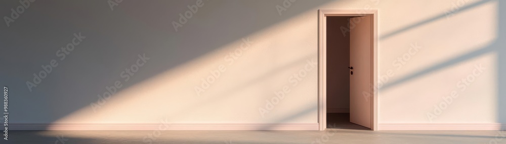 A modern interior space featuring an open door, casting soft shadows and light across the minimalist walls. A modern interior space featuring an open door, casting soft shadows and light across the minimalist walls.