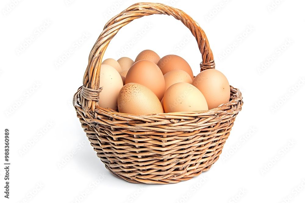 Brown and white eggs in the wicker basket over white background Brown and white eggs in the wicker basket over white background