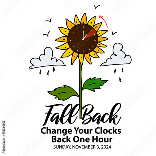 Fall Backward Banner. Sunflower clock showing process of turning one hour back time for daylight saving time ends. Vector funny illustration in handdrawn style
