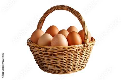 Brown and white eggs in the wicker basket over white background