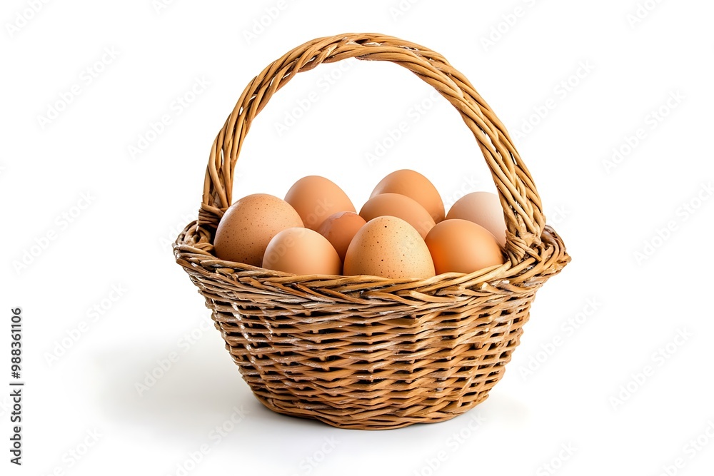 Brown and white eggs in the wicker basket over white background Brown and white eggs in the wicker basket over white background