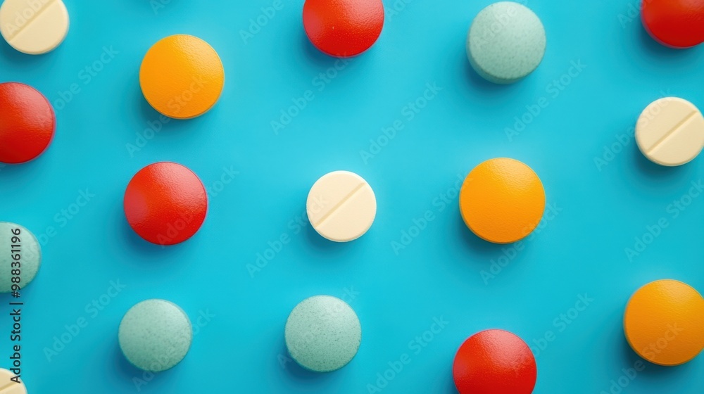 A spread of diverse pills in various colors and shapes arranged neatly atop a vibrant blue surface, reflecting a theme of health and wellness A spread of diverse pills in various colors and shapes arranged neatly atop a vibrant blue surface, reflecting a theme of health and wellness