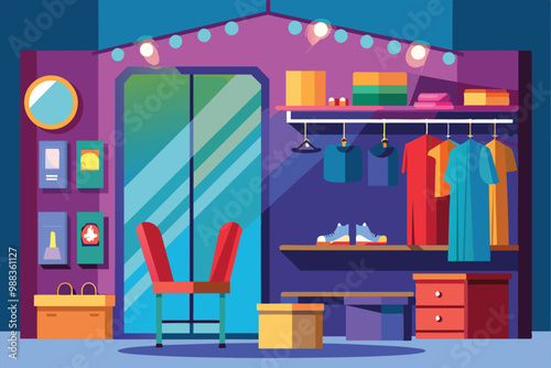 A vibrant dressing room features colorful clothing, shoes, and decorative elements, creating a cozy space for trying on outfits and expressing personal style.