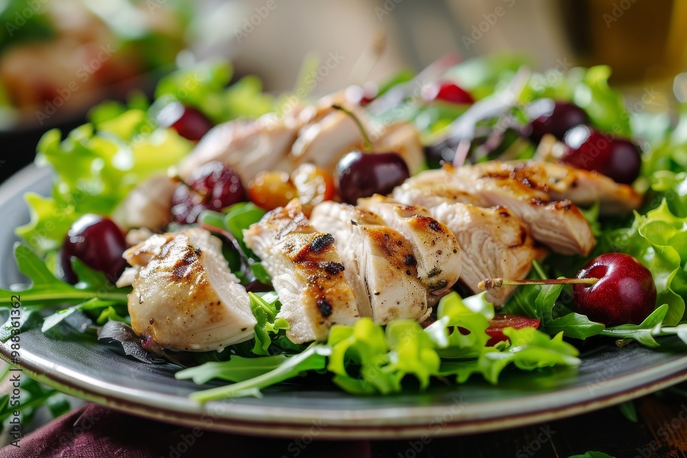 Warm salad with meat and cherries. Fruit and grilled chicken breast fillet salat, white turkey meat Warm salad with meat and cherries. Fruit and grilled chicken breast fillet salat, white turkey meat