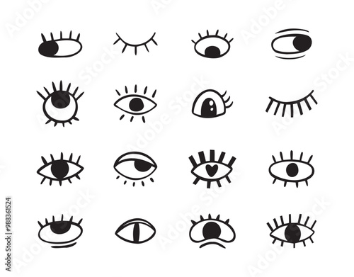 Crazy doodle black eyes. Open eye creative set. Abstract hand drawn fun collection. 