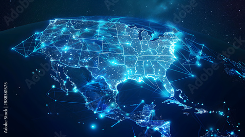 dynamic digital world map emphasize America and Asia continental for AI powered global network connectivity big data transfer cyber technology network information exchange and telecommunication	