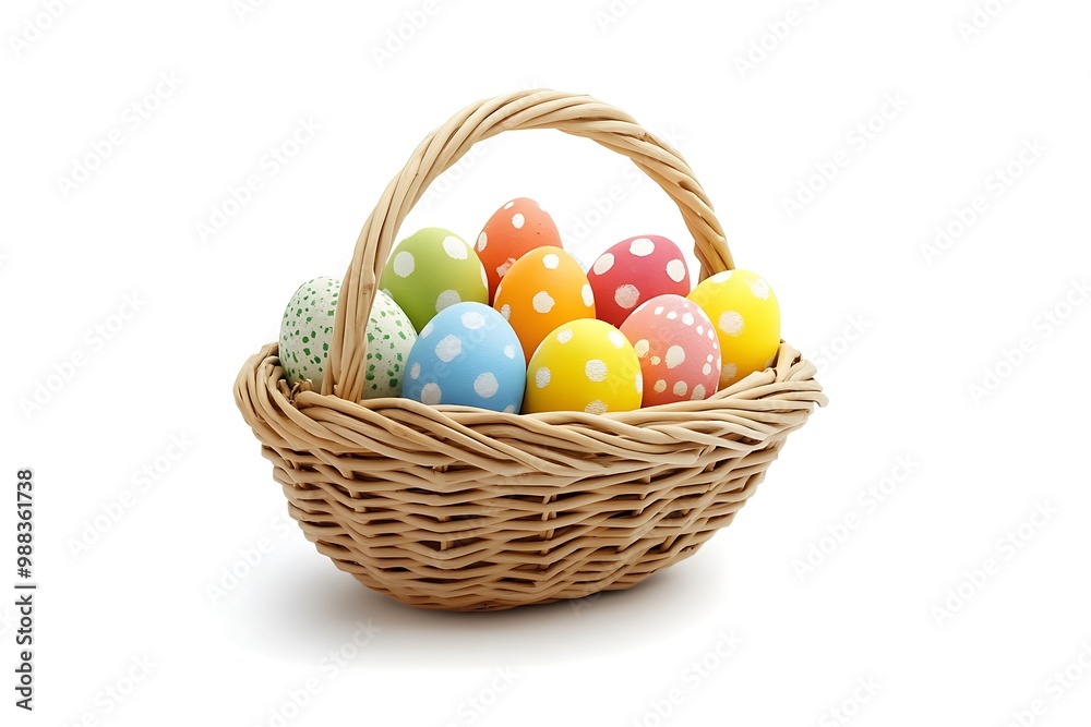 Easter basket filled with colorful eggs isolated on a white background Easter basket filled with colorful eggs isolated on a white background