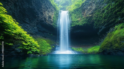 Lush Green Cliffside Waterfall Plunging into a Tranquil Pool